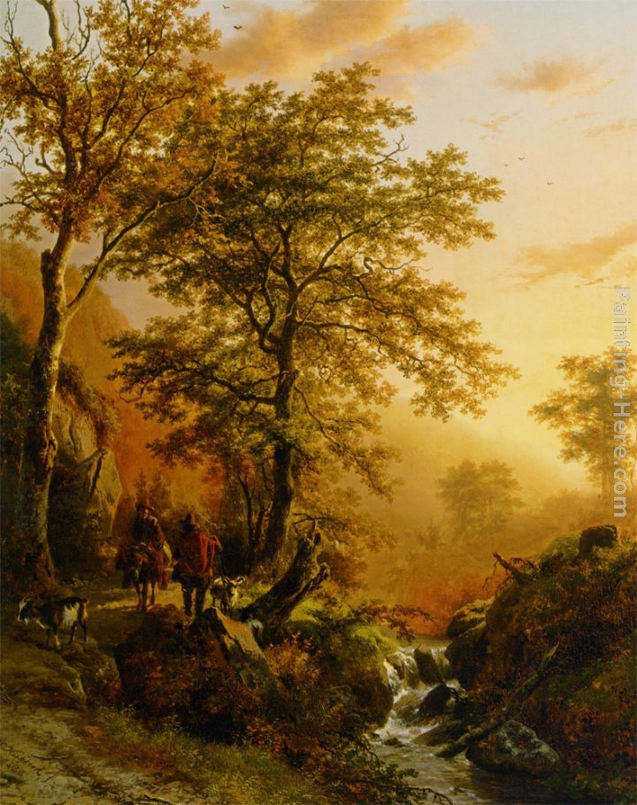 Barend Cornelis Koekkoek A traveller and a herdsman in a mountainous landscape